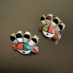 Vintage Native American Zuni silver inlaid earrings 925 sterling turquoise coral